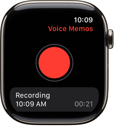 Apple Watch mostrando a tela Gravações. O botão Gravar vermelho aparece perto da parte superior. Uma gravação aparece abaixo. Ela mostra a hora em que foi gravada e a duração.