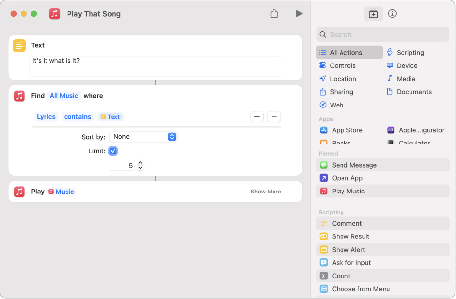 Ask Each Time variable replacing the Repeat parameters in the Play Music action in the shortcut editor.