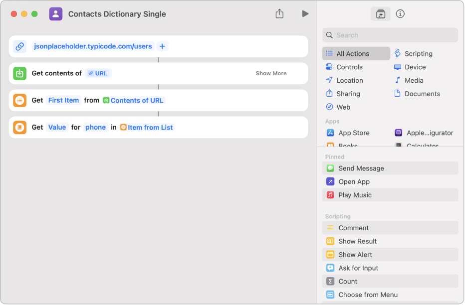 Get Dictionary Value action in the shortcut editor with the key set to phone.