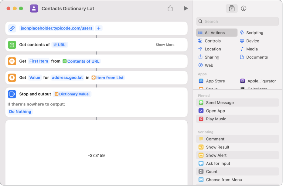 Get Dictionary Value action in the shortcut editor with the key set to address.geo.lat.