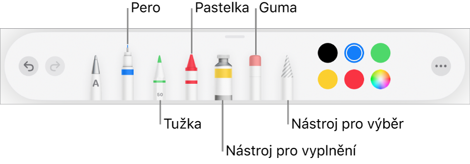 Panel nástrojů pro kreslení obsahující pero, tužku, pastel, nástroj výplň, nástroj pro výběr, gumu a výběr barev, který zobrazuje aktuální barvu. Úplně napravo se nachází tlačítko nabídky Více