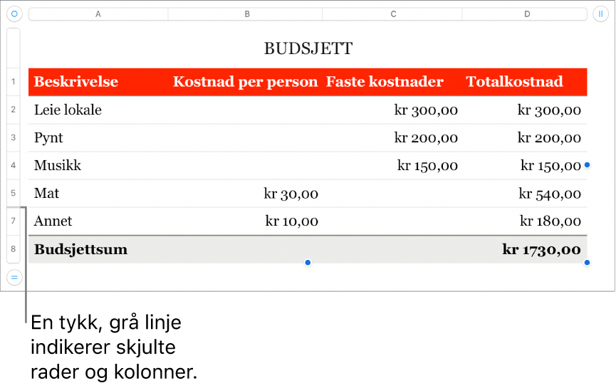 En tykk grå linje viser hvor rader og kolonner er skjult.