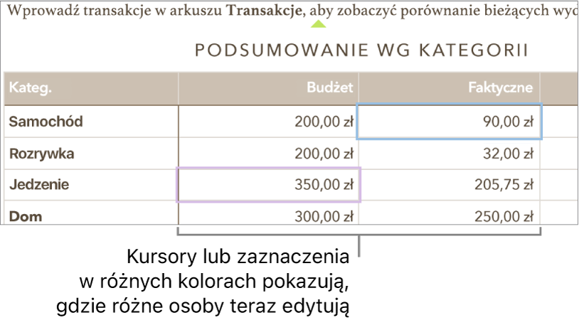 Różne kolory kursorów lub zaznaczeń wskazują miejsca aktualnie edytowane przez różne osoby.