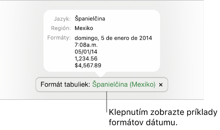 Hlásenie o inom jazyku a nastavení regiónu zobrazujúce príklady formátovania v danom jazyku a regióne.