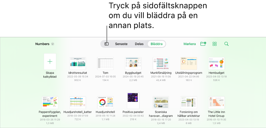 Bläddringsvyn i kalkylbladshanteraren med sidofältsknappen i det övre vänstra hörnet. Uppe till höger finns lägg till-knappen, knappen för ny mapp, symbolknappen (till att sortera efter namn, datum, storlek eller tagg), markeringsknappen och sökknappen.