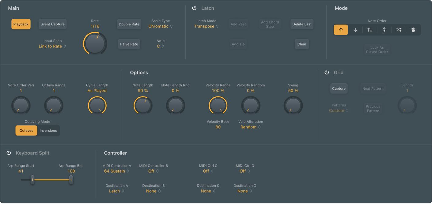 Figure. Arpeggiator window, showing main interface areas.