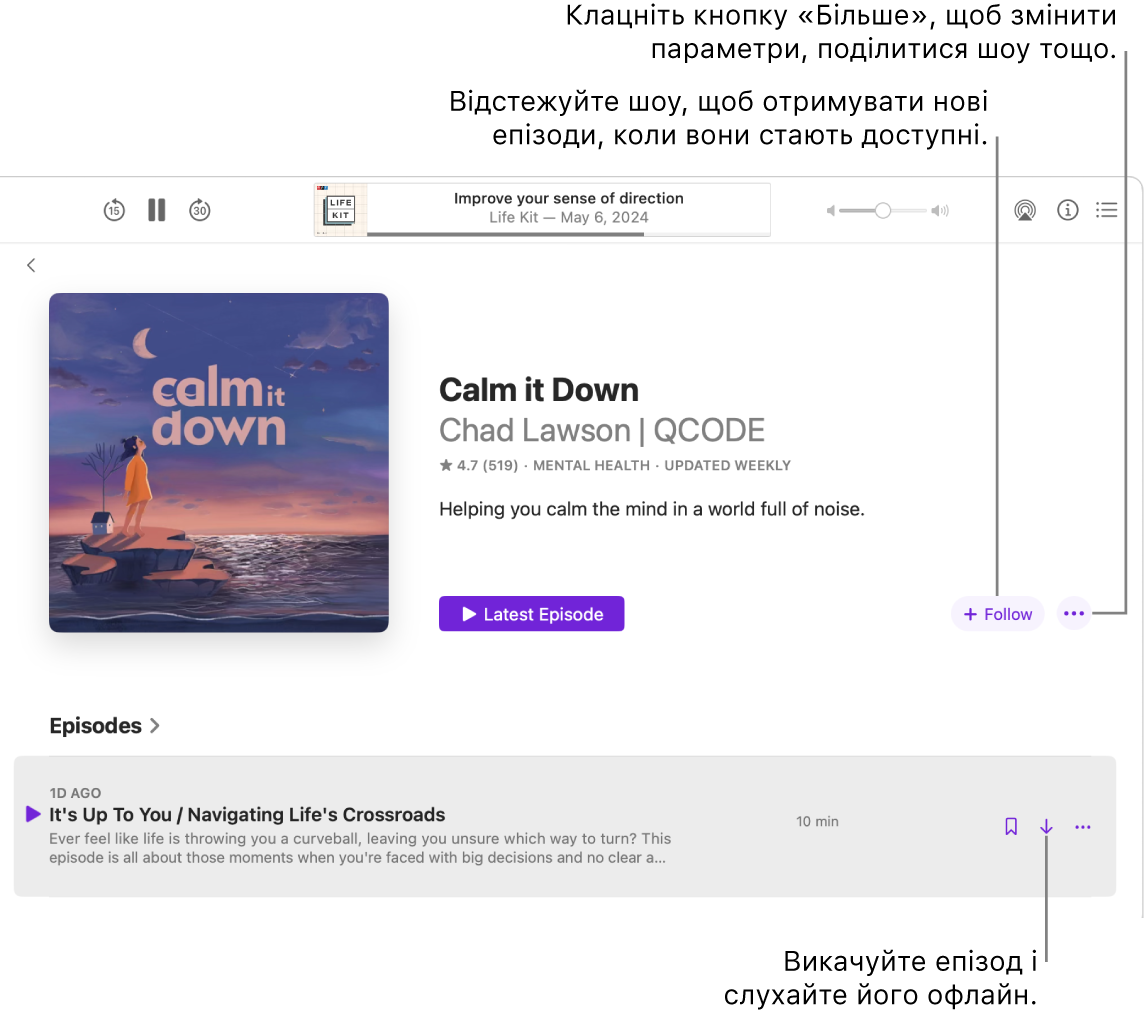 Вікно «Подкасти» з епізодом подкаста. Виноски на кнопки «Викачування», «Стежити» та «Більше».