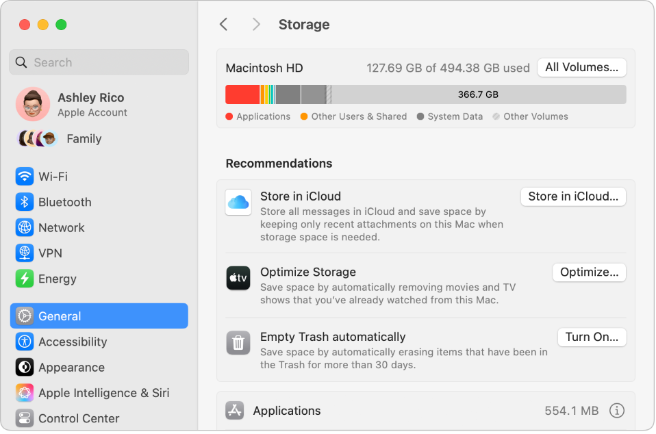 Die Empfehlungen-Einstellungen für den Speicher mit den Optionen „In iCloud speichern“, „Speicher optimieren“ und „Papierkorb automatisch leeren“.