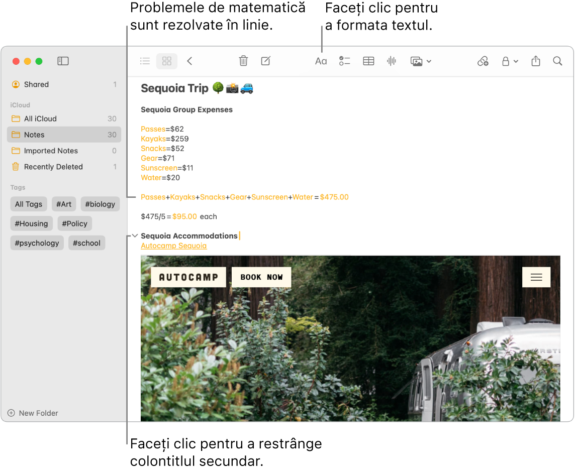 O fereastră a aplicației Notițe afișând calculele pentru cheltuielile taberei Sequoia, un link text către un site web și o imagine a unităților de cazare.