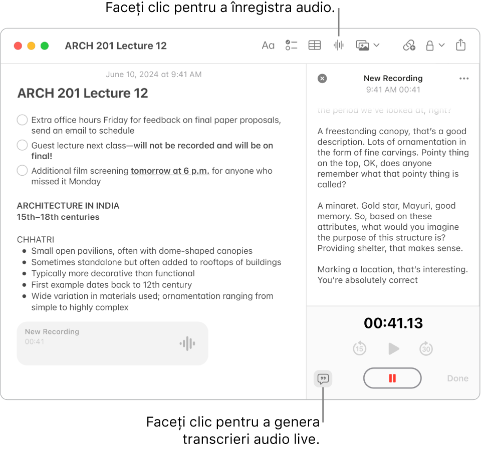 O fereastră Notițe afișând o notiță cu o listă de control, o listă cu marcatori și o înregistrare audio. Fereastra Detalii audio este deschisă și afișează o transcriere a înregistrării audio.