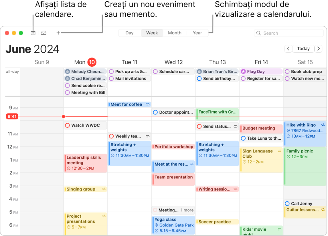 O fereastră Calendar afișând toate evenimentele și mementourile programate pentru o săptămână. Săgeți îndreptate către butoanele care afișează lista de calendare, creează un eveniment sau un memento și schimbă vizualizarea la Zi, Săptămână, Lună sau An.