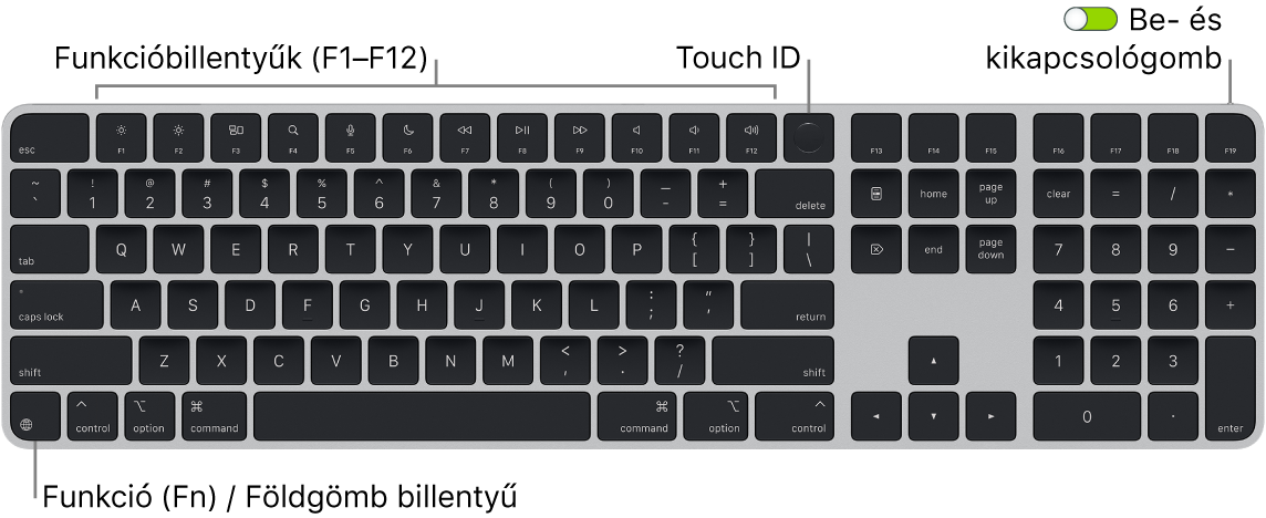 A Touch ID-val és számbillentyűzettel rendelkező Magic Keyboard, felül a funkcióbillentyűk sorával és a Touch ID-val, a bal alsó részen pedig a Funkció (Fn)/földgömb billentyűvel.