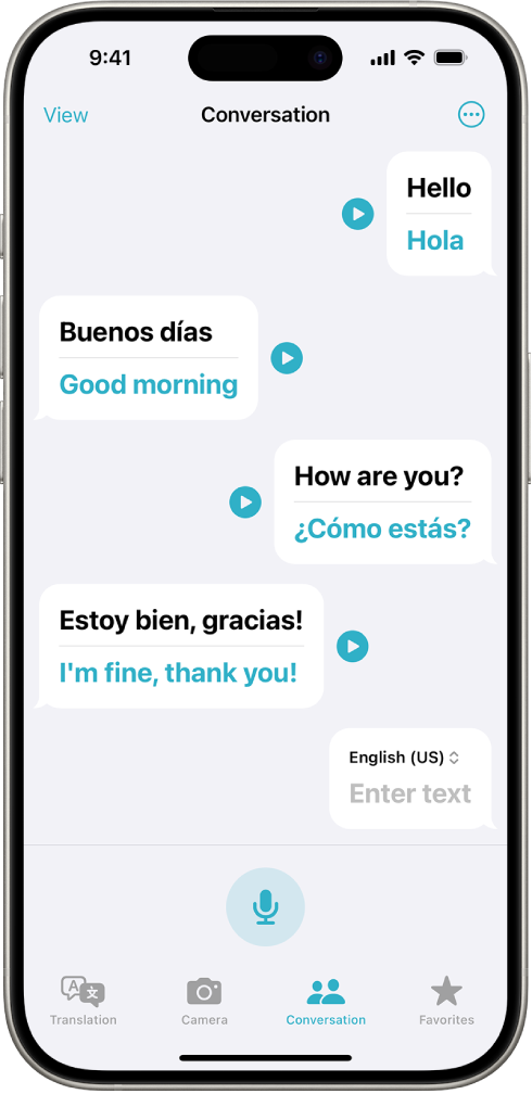 The Conversation tab, showing chat bubbles and their translations.