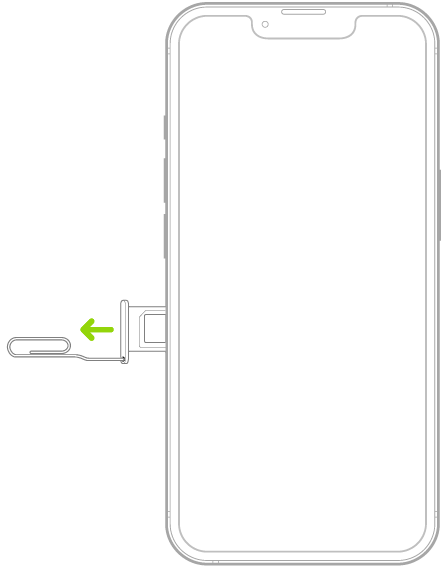 A paper clip or SIM eject tool is inserted into the small hole of the tray on the left side of iPhone to eject and remove the tray.
