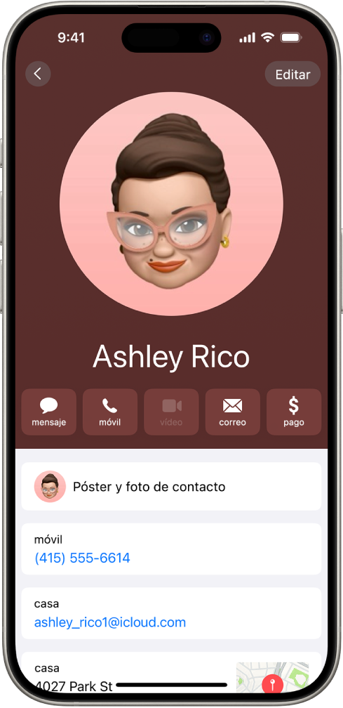 Una tarjeta de contacto en la app Contactos.