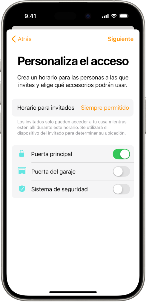 Pantalla “Personalizar el acceso” en la app Casa con la opción “Horario para invitados” y las opciones de acceso para la puerta principal, la puerta del garaje y el sistema de seguridad.