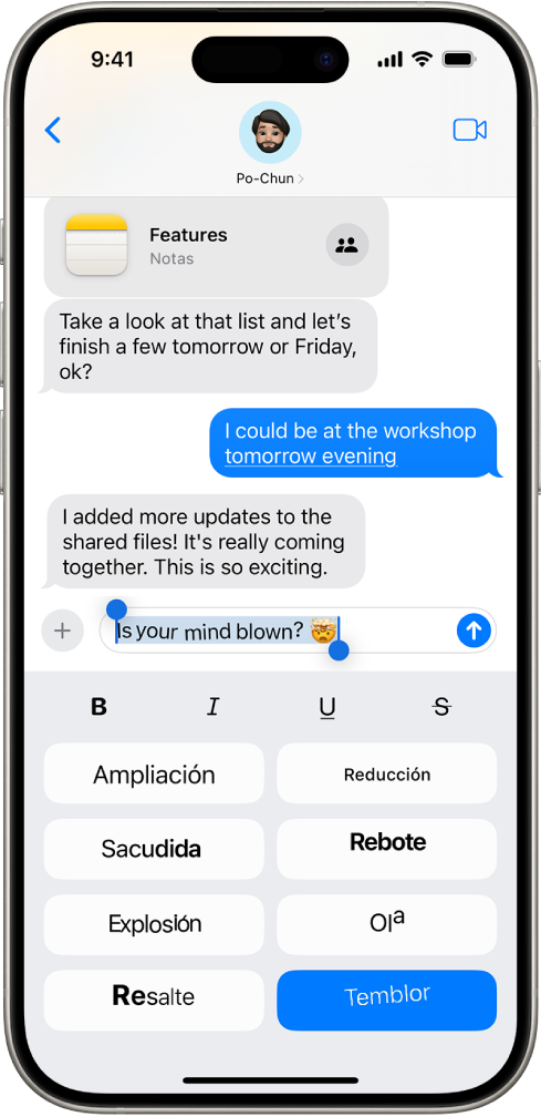 Conversación de la app Mensajes con un nuevo mensaje seleccionado en el campo de texto; debajo se muestran opciones de formato y efectos. El texto seleccionado aparece con una previsualización del efecto.