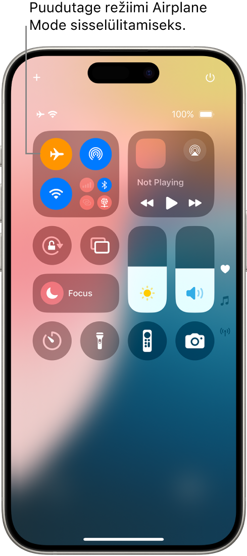 Control Centeri kuva, kus näidatakse, et üleval vasakul oleva nupu puudutamine lülitab režiimi Airplane Mode sisse.