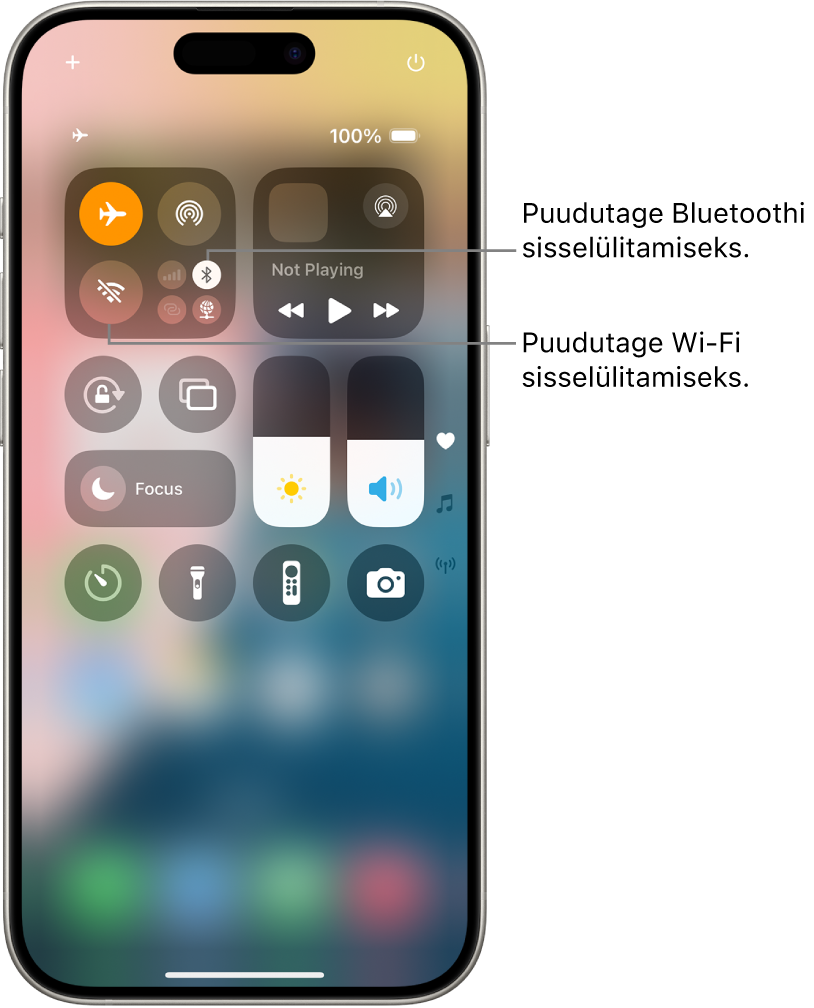 Control Center, kus on režiim Airplane Mode lülitatud sisse ning Wi-Fi ja Bluetooth on lülitatud välja. Control Centeri ülemises vasakus nurgas kuvatakse nupud Wi-Fi ja Bluetoothi sisselülitamiseks.