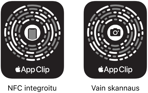 Vasemmalla on NFC-integroitu appiklippikoodi, jonka keskellä on iPhone-kuvake. Oikealla on skannattava appiklippikoodi, jonka keskellä on kamerakuvake.