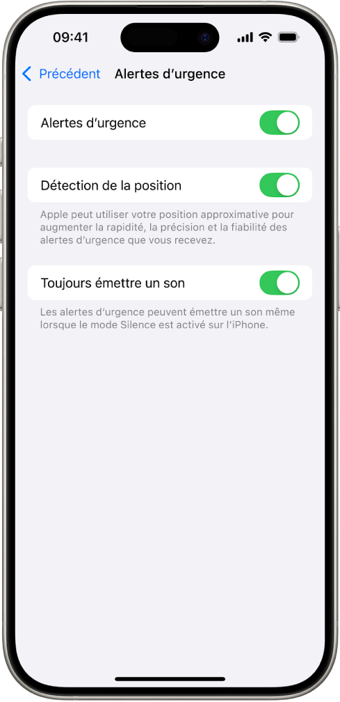 L’écran d’« Alertes d’urgence », avec « Alertes d’urgence », « Détection de la position » et « Toujours émettre un son » activés.