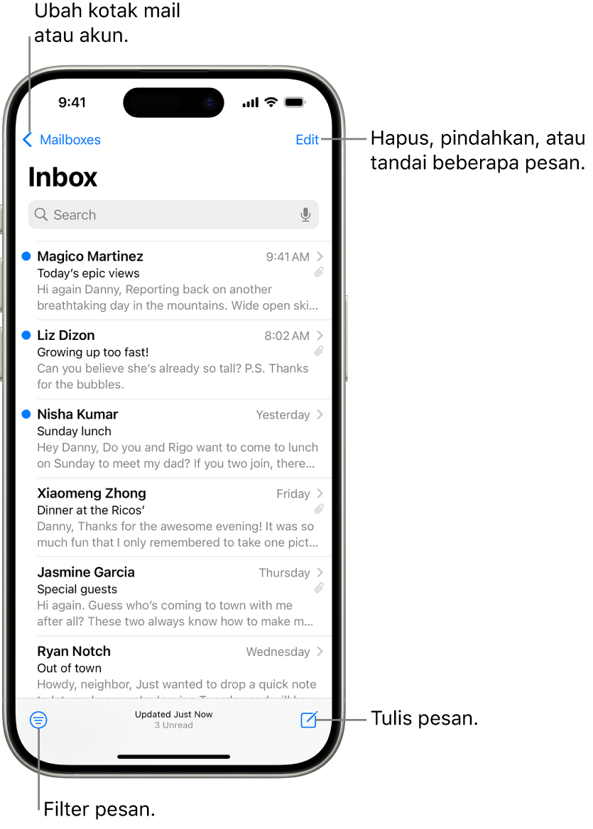 Inbox Mail, menampilkan daftar email.