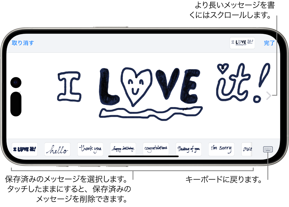 手書きメッセージを作成するためのキャンバス。下部には左から順に、保存済みの手書き項目、「キーボード」ボタンがあります。