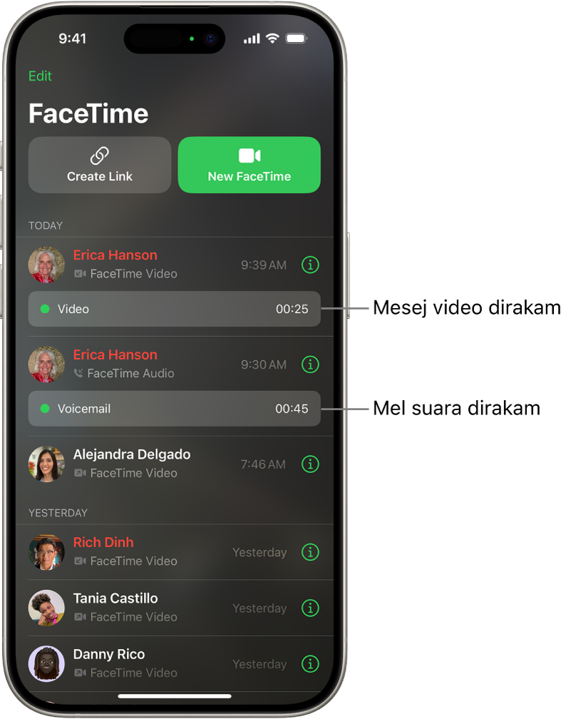 Sejarah panggilan FaceTime, dengan pautan ke mesej video dirakamkan dan mel suara.