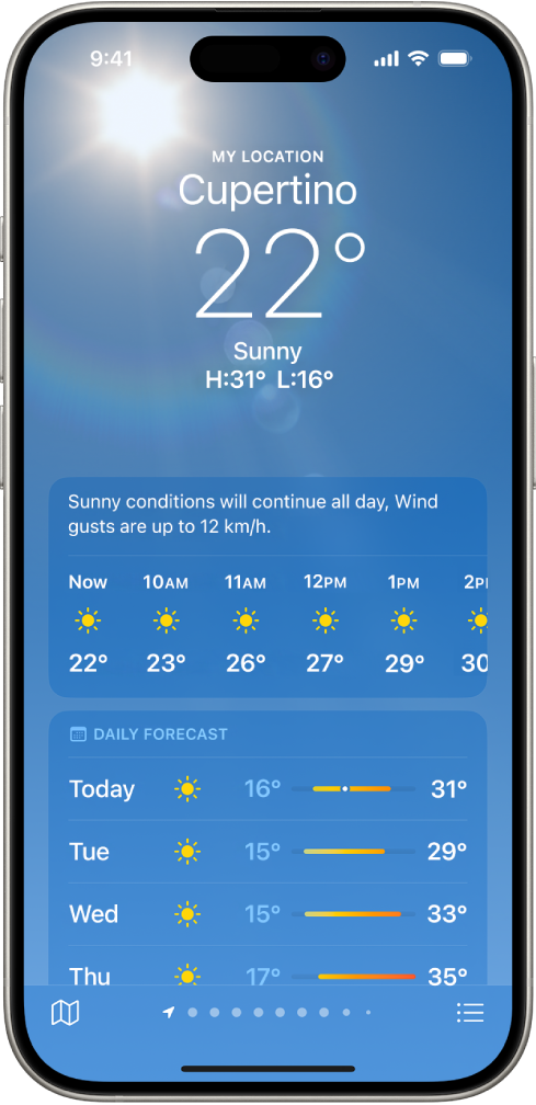 Ecranul aplicației Vremea afișând, de sus în jos: locul, temperatura actuală, temperatura maximă și temperatura minimă a zilei, prognoza orară și prognoza pe 10 zile. Un rând de puncte aflat în partea centrală jos arată câte locuri aveți adăugate în listă. În colțul din dreapta jos se află butonul Listă de locuri, iar în colțul din stânga jos este butonul Afișați harta.