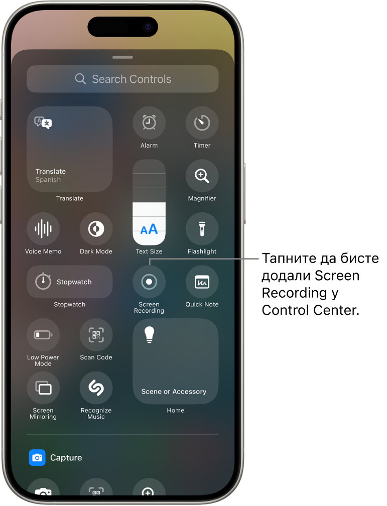 Галерија контрола са дугметом Screen Recording на средини екрана.