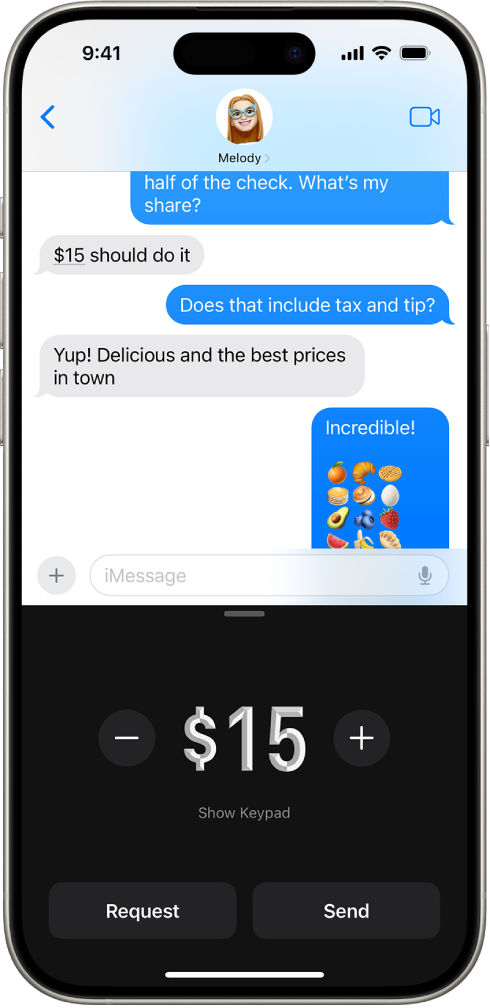 Cuộc hội thoại iMessage với Apple Pay được mở ở dưới cùng.