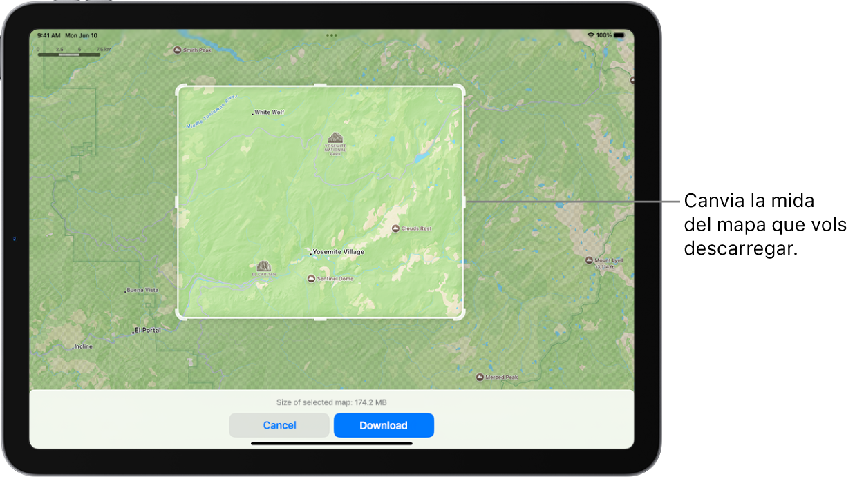 Un iPad amb un mapa d’un parc nacional. El parc està envoltat d’un rectangle amb marcadors, que es poden moure per canviar la mida del mapa per descarregar-lo. La mida de descàrrega del mapa seleccionada s’indica a prop de la part inferior del mapa. Els botons “Cancel·la” i “Descarrega” es troben a la part inferior de la pantalla.