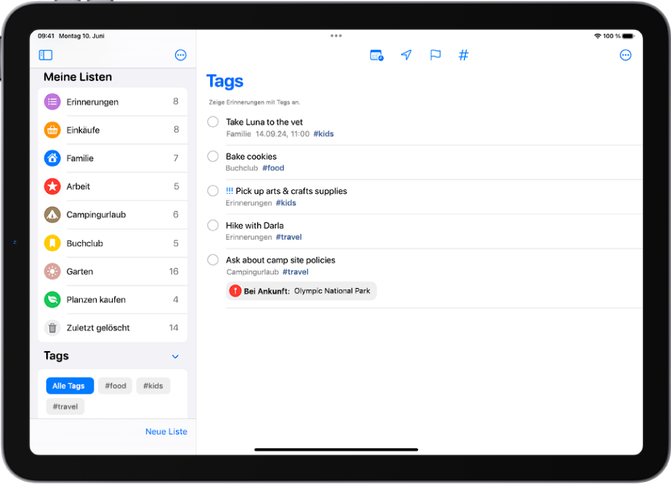 Die App „Erinnerungen“ mit mehreren Listen und der Tag-Übersicht auf der linken Seite. Rechts befindet sich eine Liste mit allen Objekten mit Tags.