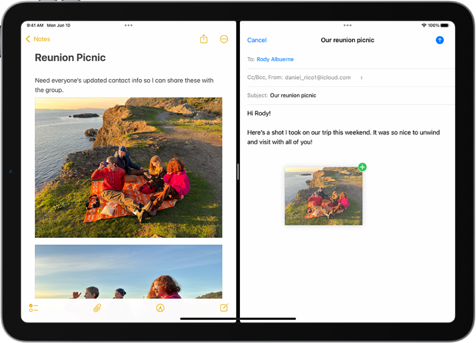 A Split View with Notes open on the left and an email open on the right. A photograph from Notes is dragged into the email.