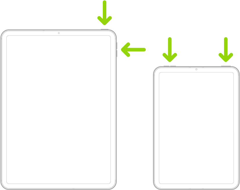 Deux modèles d’iPad : Les deux modèles d’iPad disposent d’un bouton supérieur ; un modèle d’iPad a les boutons de volume sur le côté et l’autre a les boutons de volume en haut. Des flèches pointent en direction des boutons supérieurs et des boutons de volume.