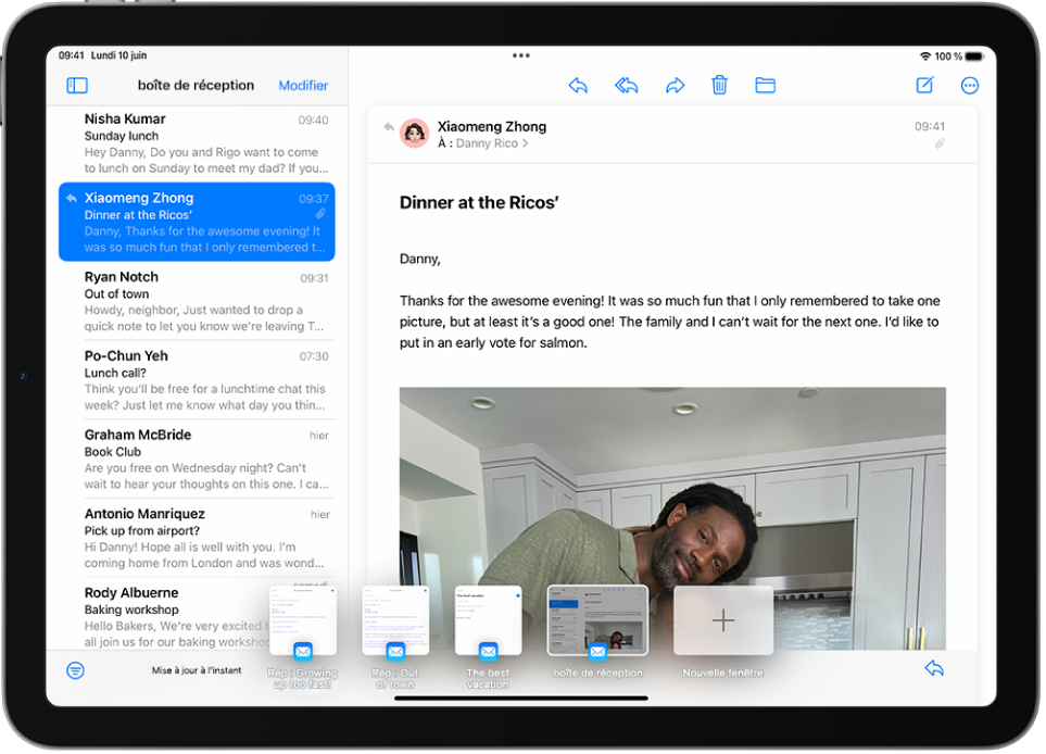 La fenêtre Mail avec les e-mails de « Toutes les boîtes » listés à gauche et cinq vignettes dans la partie basse de l’écran.