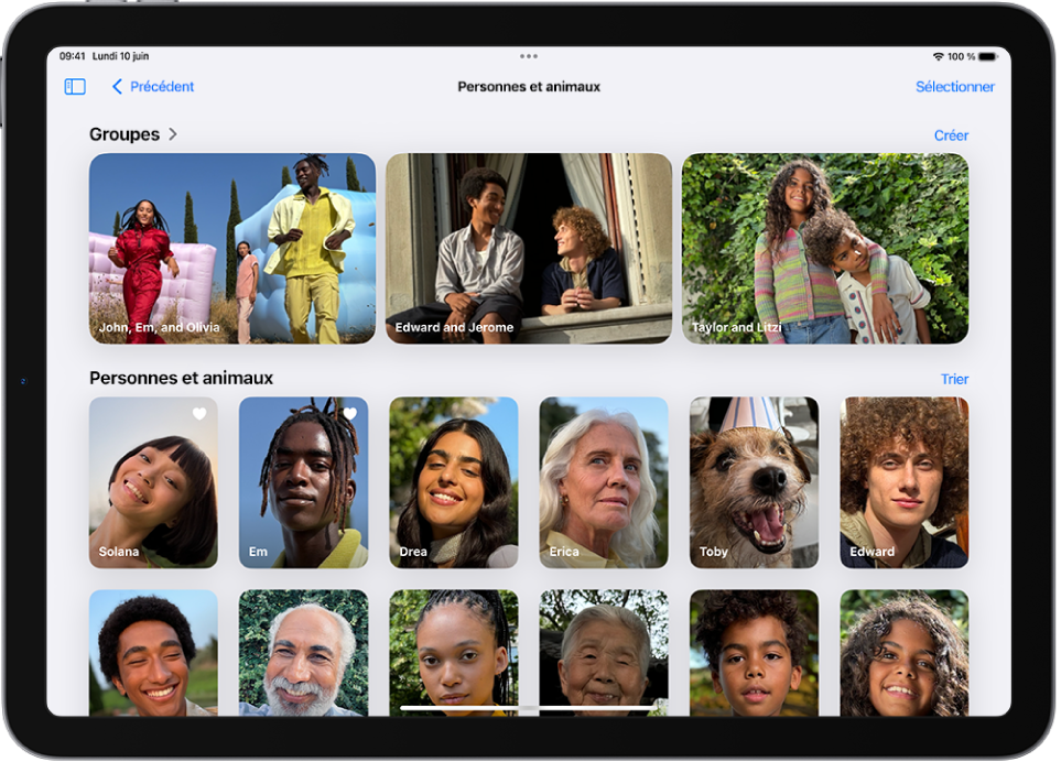La collection Personnes et animaux de l’app Photos. En haut de l’écran se trouvent des groupes, puis des individus et des animaux.