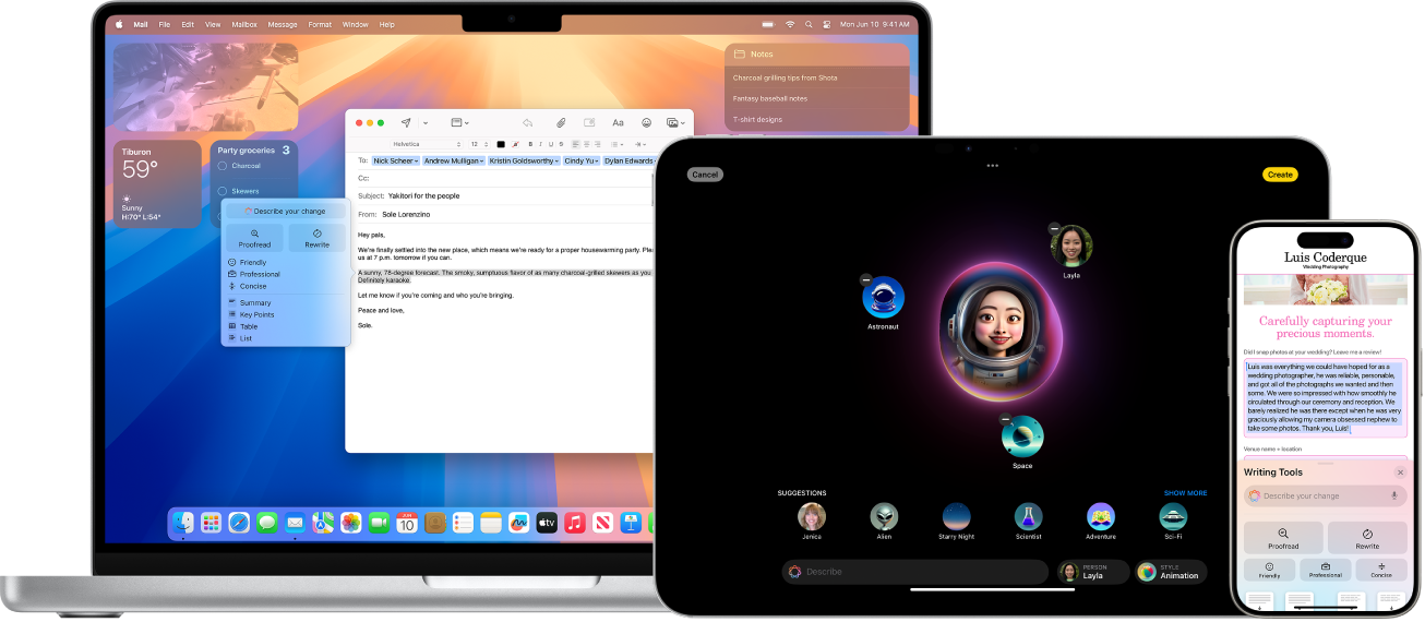 Da sinistra a destra, un Mac mostra gli strumenti di scrittura utilizzati in un’email, iPad mostra Image Playground e iPhone mostra una Genmoji in un thread di messaggi.