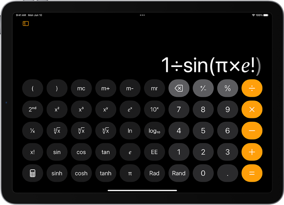 iPad viser den vitenskapelige kalkulatoren med eksponentielle, logaritmiske og trigonometriske funksjoner.