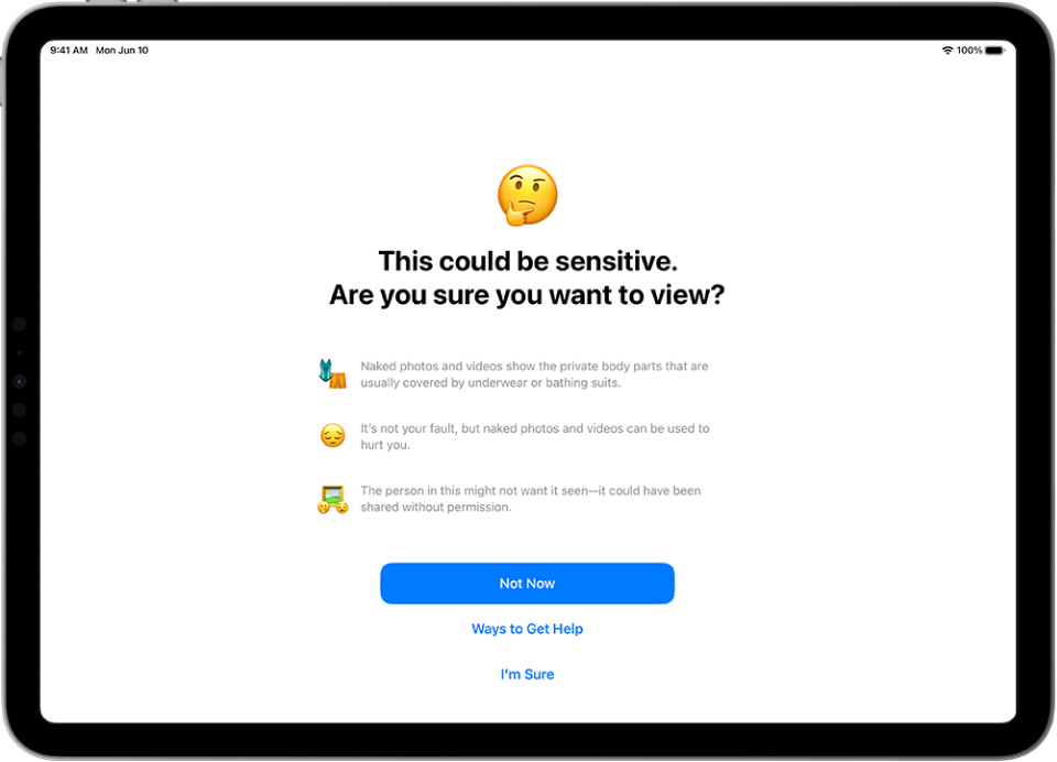 Một màn hình với cảnh báo rằng một tin nhắn chứa hình ảnh nhạy cảm. Ở dưới cùng là các tùy chọn để nhận trợ giúp hoặc ẩn cảnh báo.