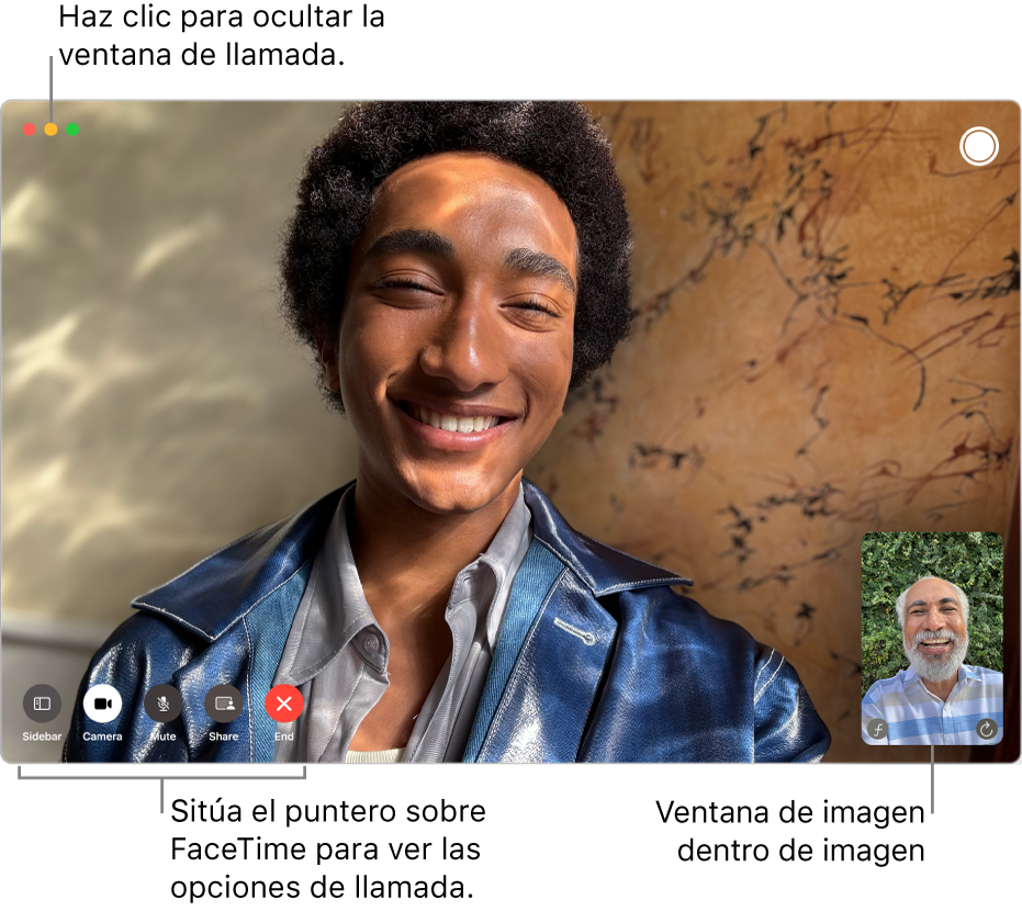 Una llamada de FaceTime de vídeo está en curso. En la esquina superior derecha aparece la ventana de imagen dentro de imagen y en la esquina inferior izquierda aparecen las opciones de llamada de FaceTime.