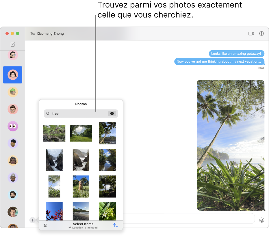 La fenêtre Messages avec plusieurs conversations répertoriées dans la barre latérale à gauche, le champ de recherche pour effectuer une recherche dans vos photos et une conversation qui s’affiche à droite.
