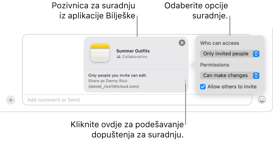 Krupni plan polja tekstualne poruke pri dnu razgovora u Porukama. Postoji pozivnica za suradnju na bilješci. Možete kliknuti desnu stranu pozivnice za postavljanje dozvola za suradnju.