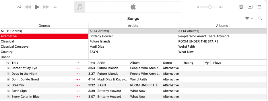 The Music window showing the column browser above the list of songs.