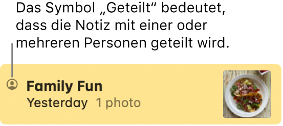 Eine Notiz, die mit anderen Personen geteilt wurde, mit dem Freigabe-Symbol links neben dem Namen der Notiz.