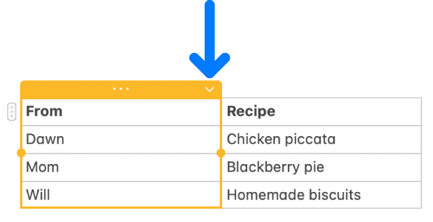 A table showing the down arrow for the column—click it to add or delete a column.