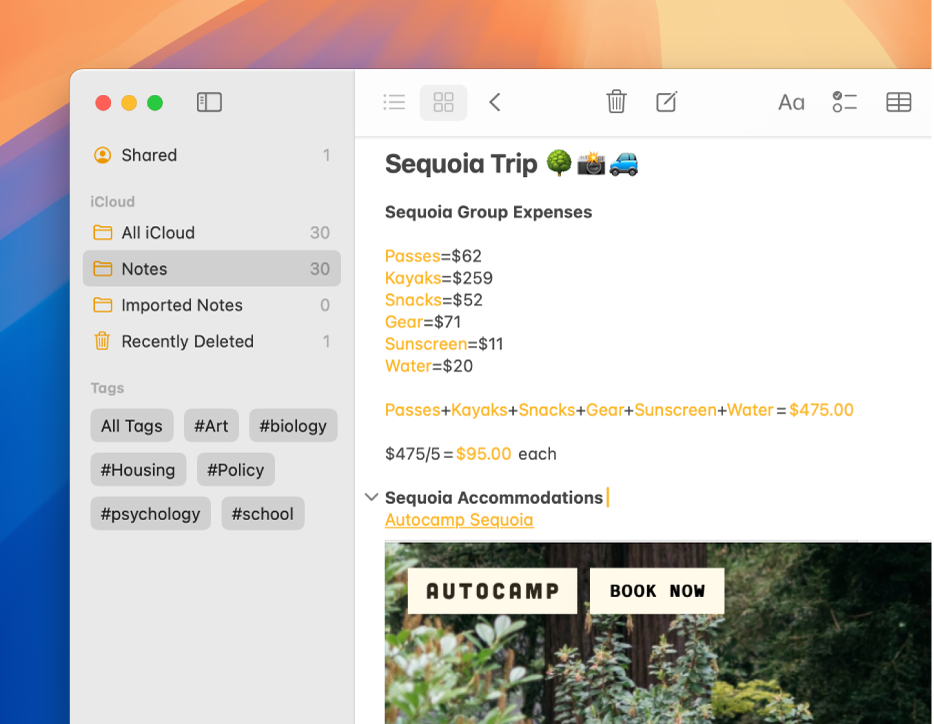 Une fenêtre recardée de l’app Notes sur Mac affichant différentes dépenses pour des tickets, des kayaks, de la crème solaire et de l’eau. La note insère automatiquement le résultat d’une addition et d’une division.