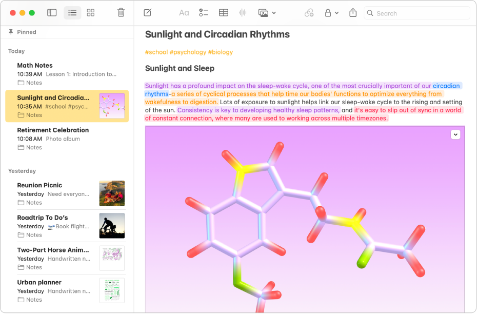 Uma janela do app Notas no Mac mostrando destaques de cores diferentes. Por exemplo, um destaques em azul mostra uma palavra-chave e um destaques em laranja mostra a definição.