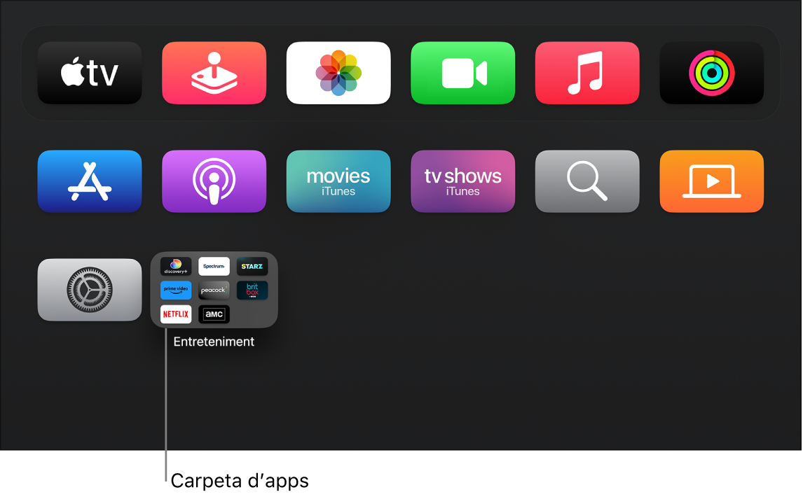 La pantalla d’inici de l’Apple TV amb una carpeta d’apps.