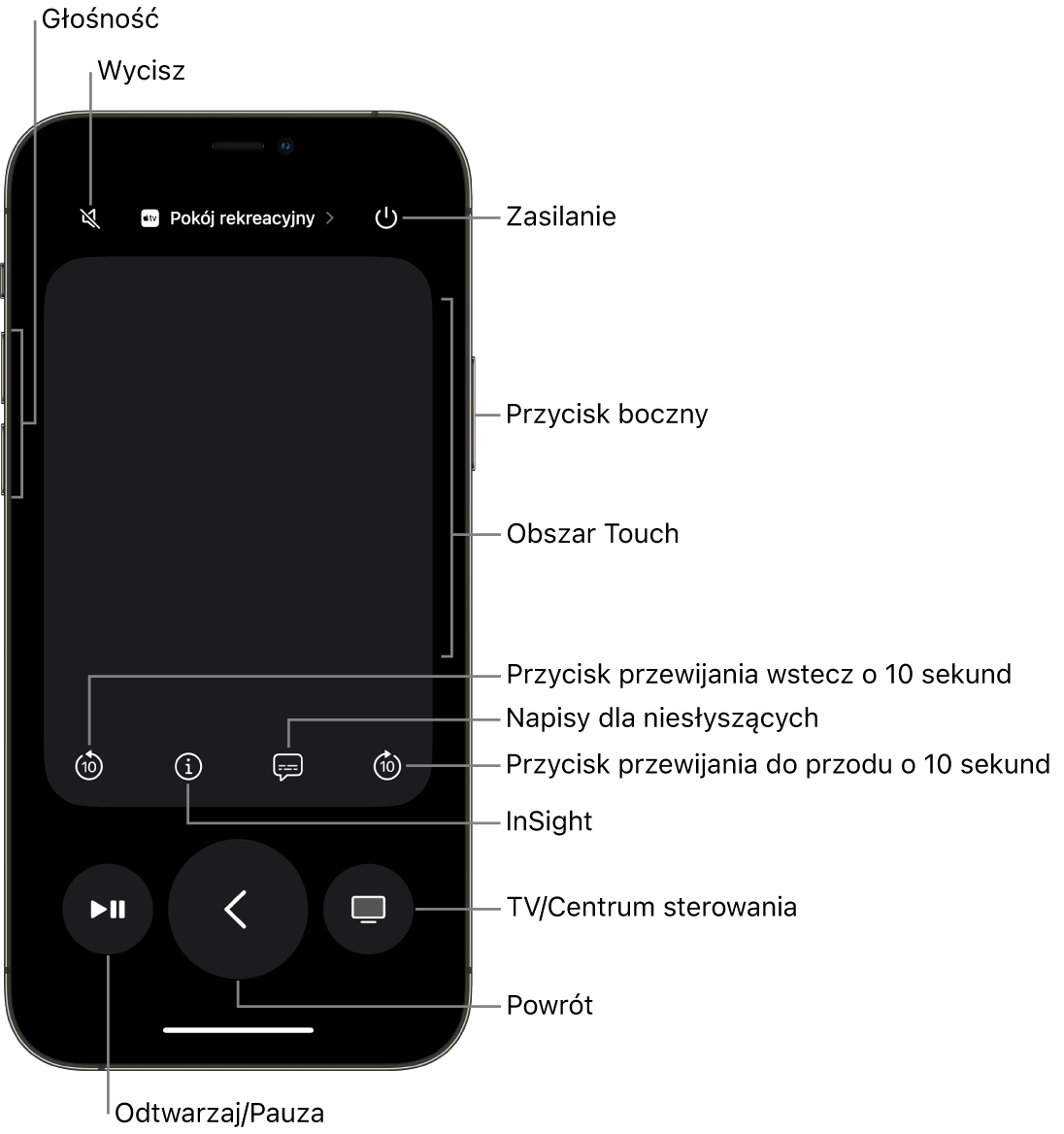 Aplikacja Pilot na iPhonie z przyciskami głośności, odtwarzania, zasilania i innymi